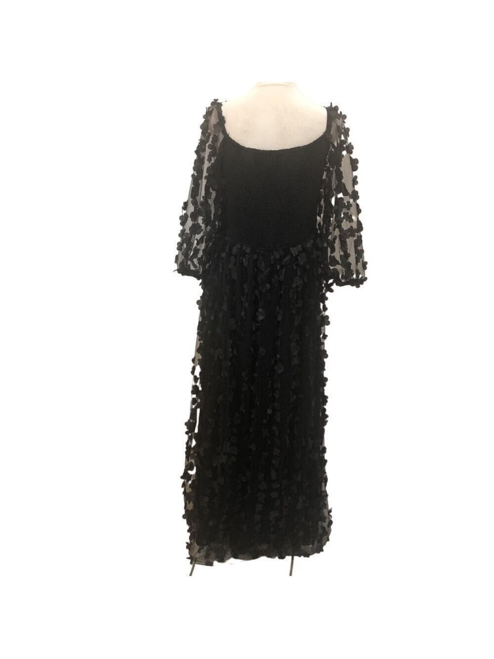 Andree by Unit Size L black maxi dress with floral appliqués smocked bodice